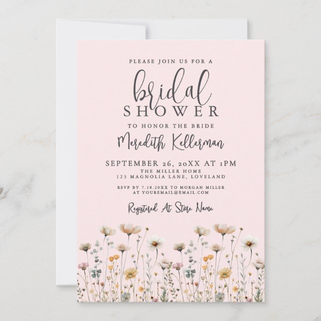 Invitación Wildflower Blush Pink Bridal Shower (Anverso)