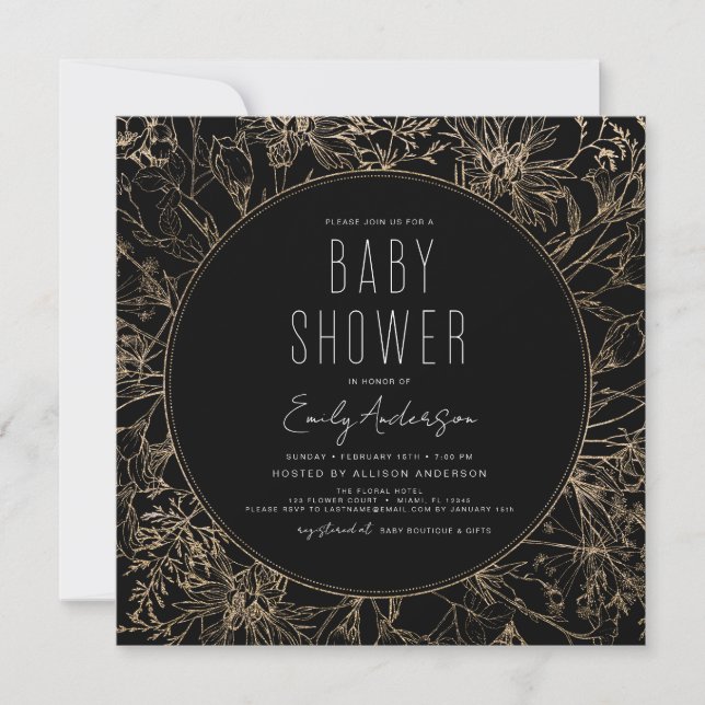 Invitación Wildflower Boho Baby Shower Black Modern (Anverso)
