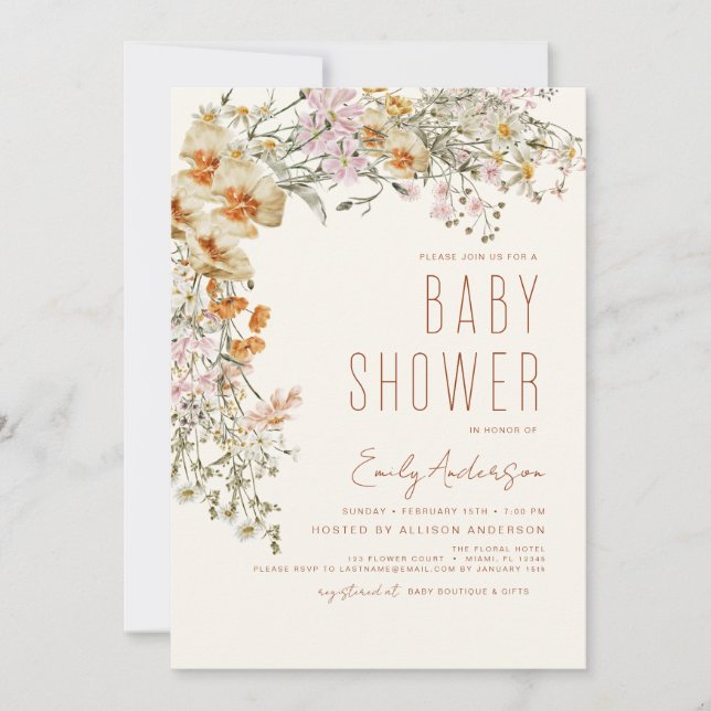 Invitación Wildflower Boho Baby Shower Terracotta Modern (Anverso)