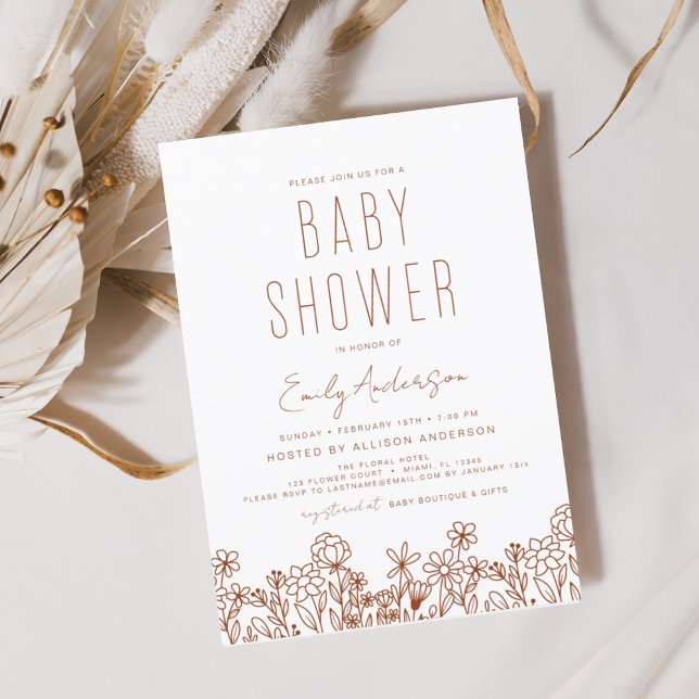 Invitación Wildflower Boho Baby Shower Terracotta Modern (Subido por el creador)