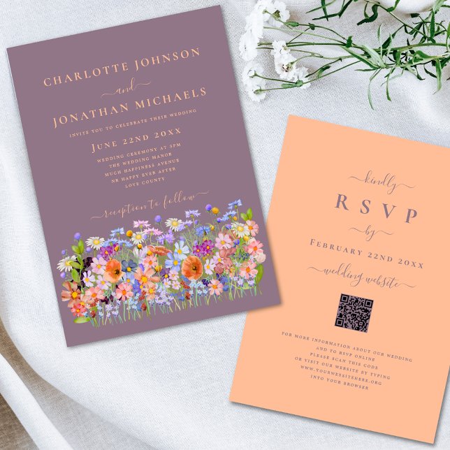 Invitación Wildflower Boho Peach (Boho chic wildflower watercolor floral wedding invitation peach fuzz typography calligraphy )