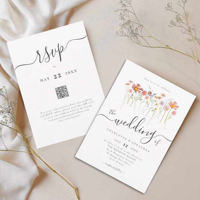 Invitación Wildflower Boho Wedding QR code (Colorful wildflower boho wedding qr code invitation Whimsical elegant script watercolor meadow)