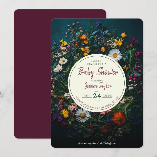 Invitación Wildflower Boho Wreath Circle Baby Shower (Anverso / Reverso)
