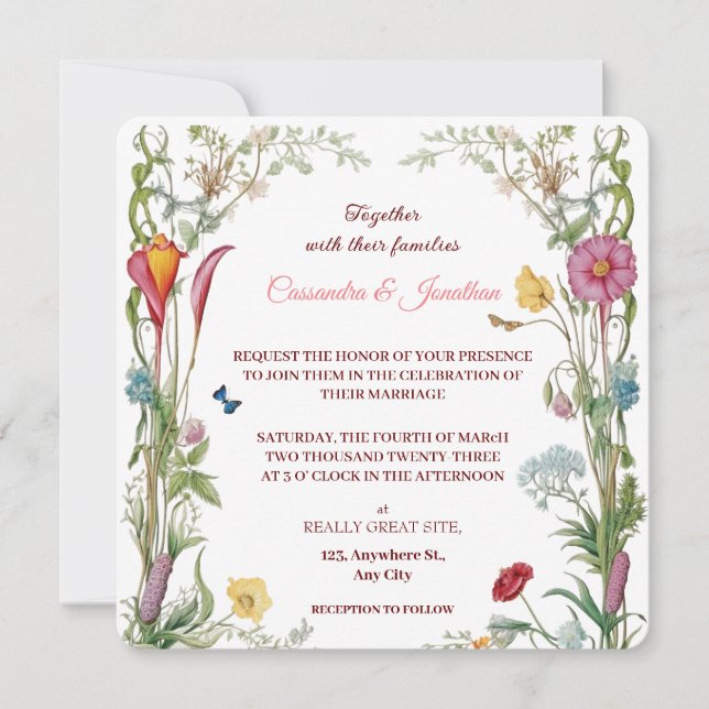 Invitación Wildflower Botanical Flowers & Butterflies Wedding (Anverso)