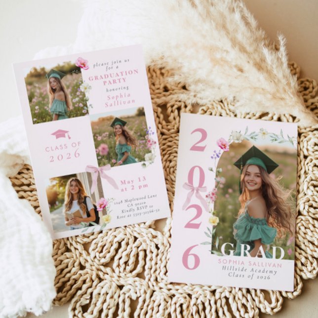 Invitación Wildflower Bow Graduation party Photo Collage (Subido por el creador)
