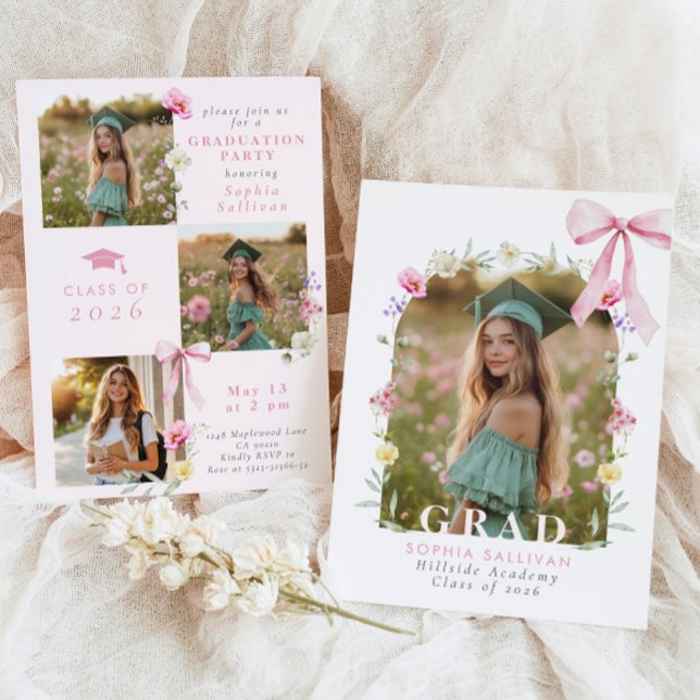 Invitación Wildflower Bow Graduation party Photo Collage (Subido por el creador)