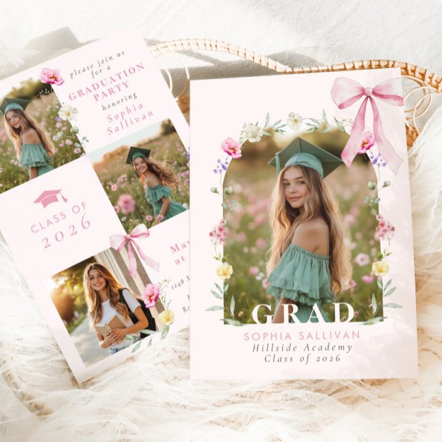 Invitación Wildflower Bow Graduation party Photo Collage (Subido por el creador)
