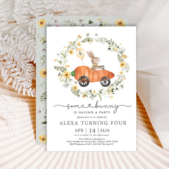 Invitación Wildflower Bunny Carrot Car fiesta de cumpleaños d (Subido por el creador)