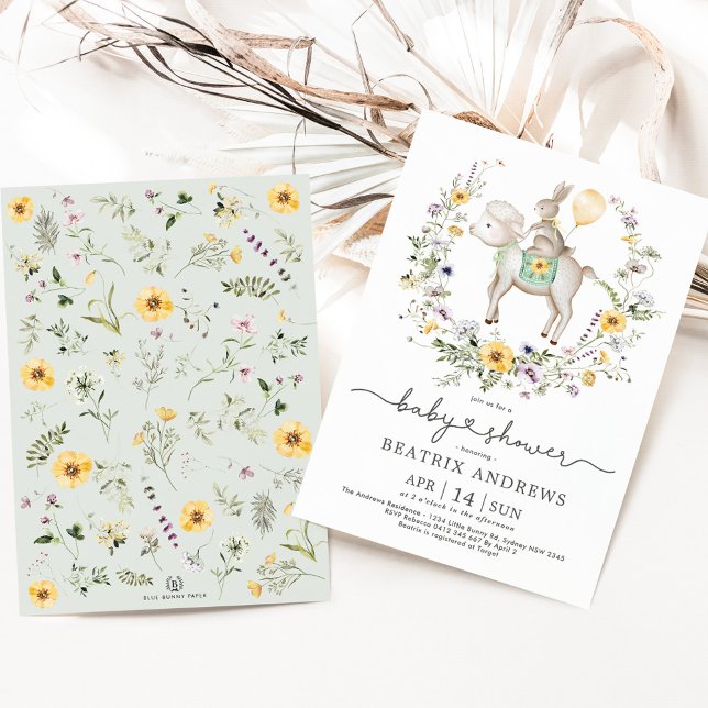 Invitación Wildflower Bunny Lamb Balloon Neutral Baby Shower (Subido por el creador)