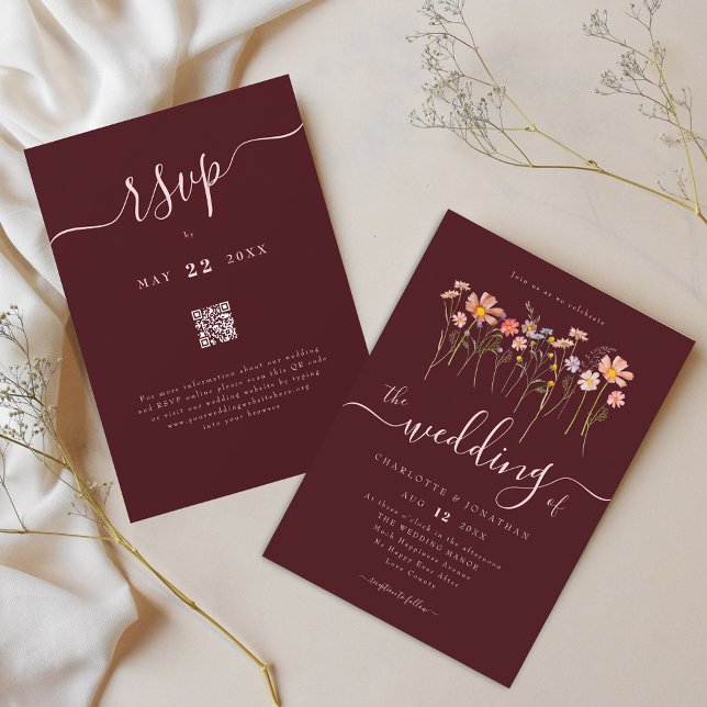Invitación Wildflower Burgundy Blush Pink Wedding QR code (Wildflower boho floral burgundy blush pink wedding qr code invitation Whimsical script and flowers)