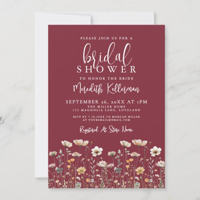 Invitación Wildflower Burgundy Bridal Shower (Anverso)