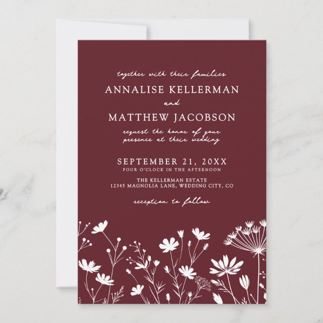 Invitación Wildflower Burgundy Wedding (Anverso)