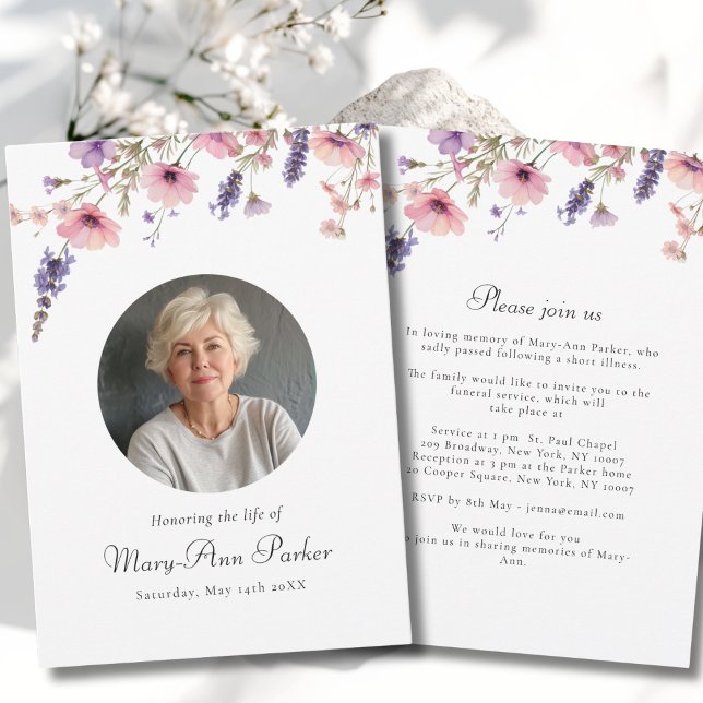 Invitación Wildflower "Celebration of Life" Photo Funeral  (Wildflower "Celebration of Life" Photo Funeral Purple Pink Green White Invitation)