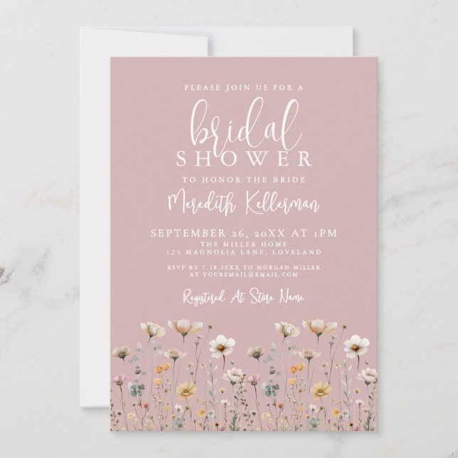 Invitación Wildflower Dusty Pink Bridal Shower (Anverso)