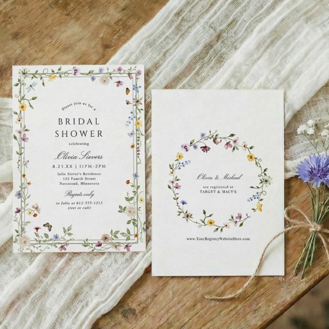 Invitación Wildflower Elegant Floral Garden Bridal Shower (Elegant wildflowers bridal shower invitation with watercolor flowers, botanical greenery, flowers)