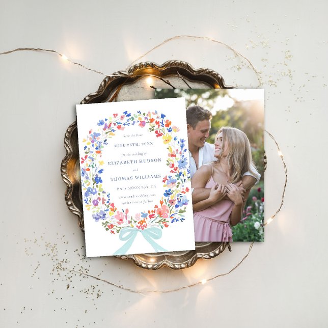 Invitación Wildflower Garden Blue Bow Photo Boda Save Date (wildflowers wedding save the date photo enchanted garden blue bow watercolor elegant rustic)