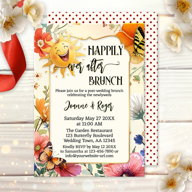 Invitación Wildflower Happily Ever After Wedding Brunch (After wedding brunch invitation featuring a cheerfully laughing sun with colorful wildflowers)
