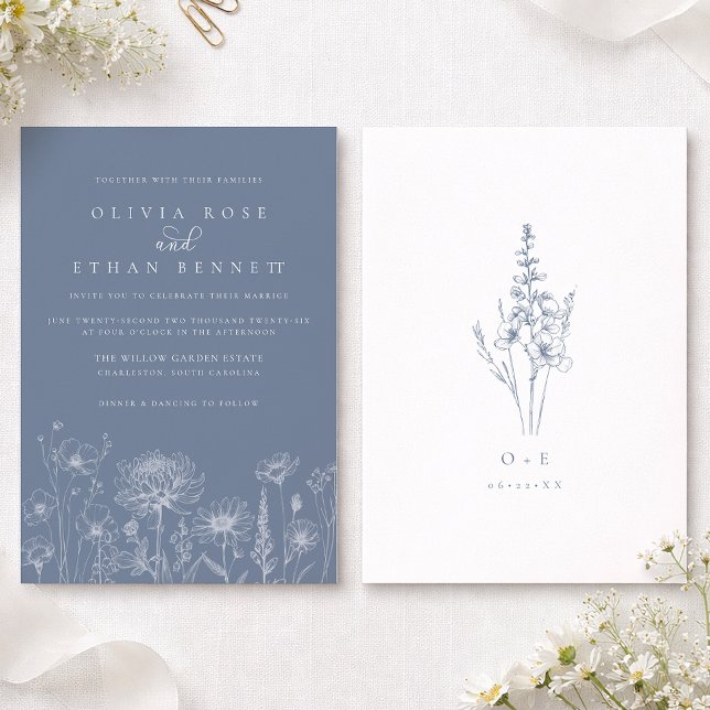 Invitación Wildflower Line Art Periwinkle Wedding  (Periwinkle Wedding Invite)
