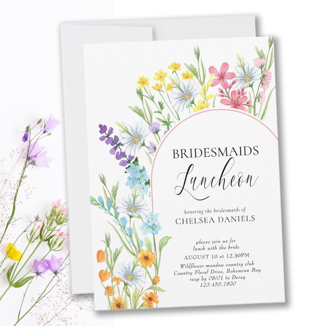 Invitación Wildflower Meadow Arch Bridesmaids Luncheon (Delicate, feminine and colorful with country meadow flowers and elegant calligraphy)