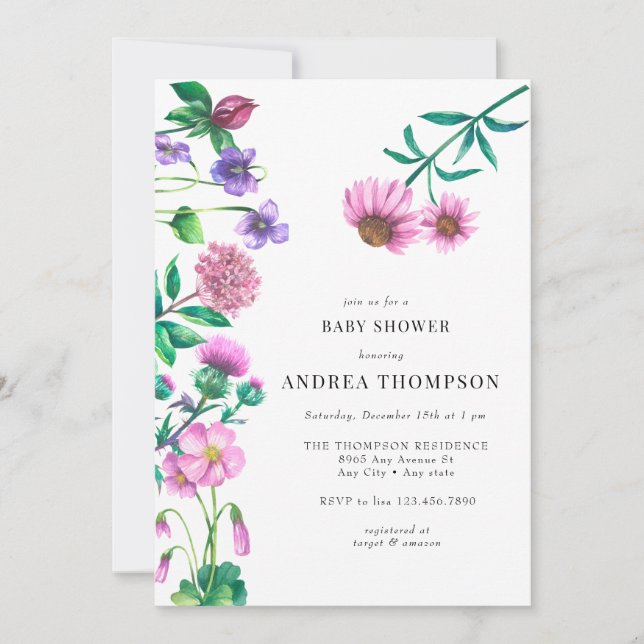 Invitación Wildflower Meadow | Prairie | Baby Shower morado (Anverso)