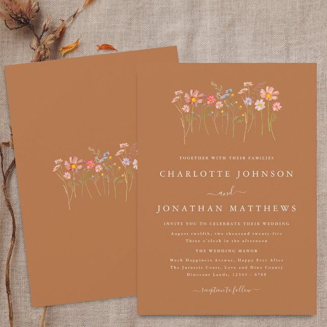 Invitación Wildflower Meadow Terracotta Naranja Rust Boda (Boho fall Wildflower floral brown sugar terracotta orange Wedding invitation Watercolor flowers)