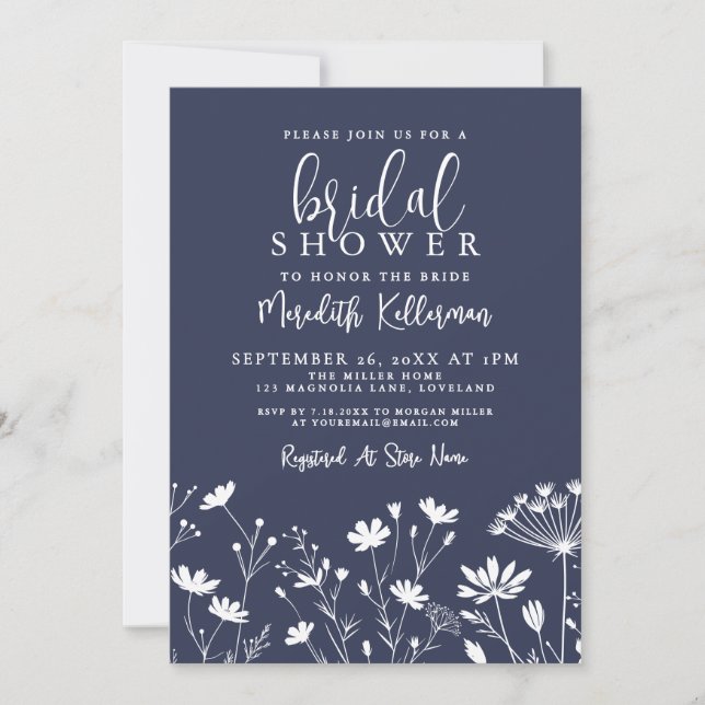 Invitación Wildflower Navy Blue Bridal Shower (Anverso)