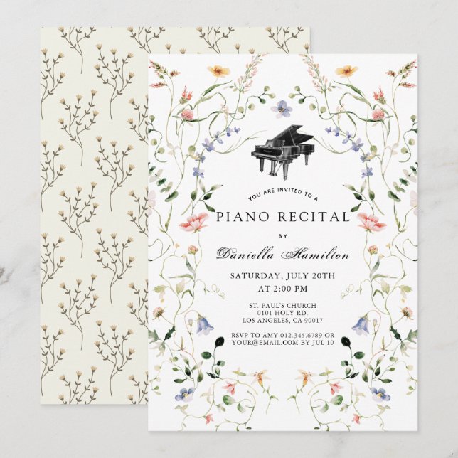 Invitación Wildflower Piano White Recital Invitation (Anverso / Reverso)