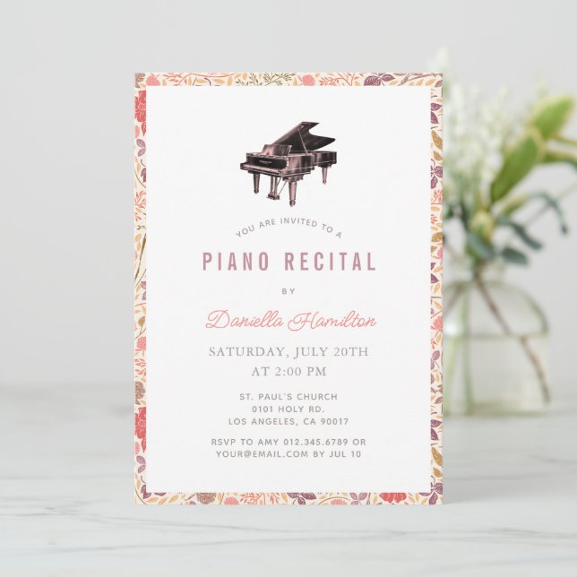 Invitación Wildflower Piano White Recital Invitation (Anverso de pie)