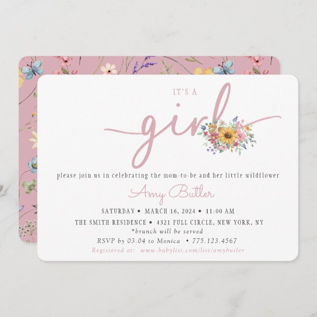 Invitación Wildflower Pink Baby Shower Invitation (Anverso / Reverso)