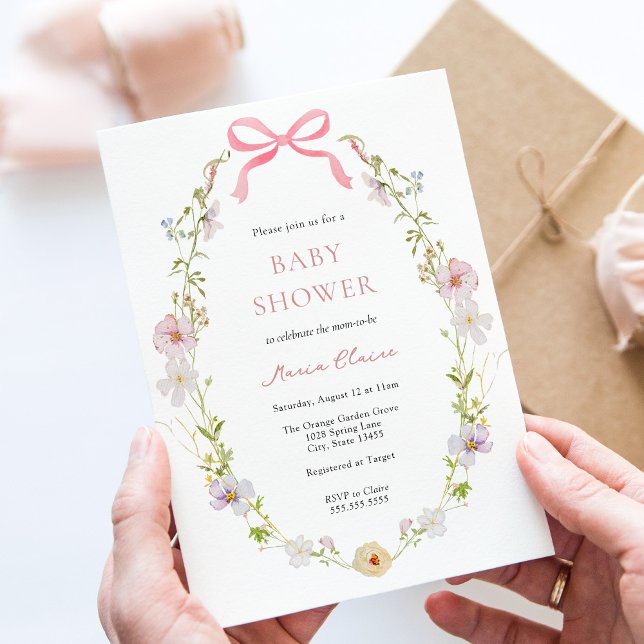 Invitación Wildflower Pink Bow Baby Shower (Subido por el creador)