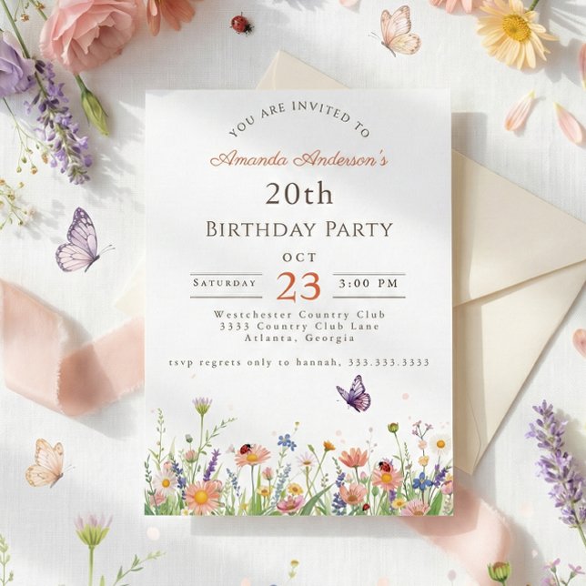 Invitación Wildflower Pink Purple Garden Fiesta 20 cumpleaños (Subido por el creador)