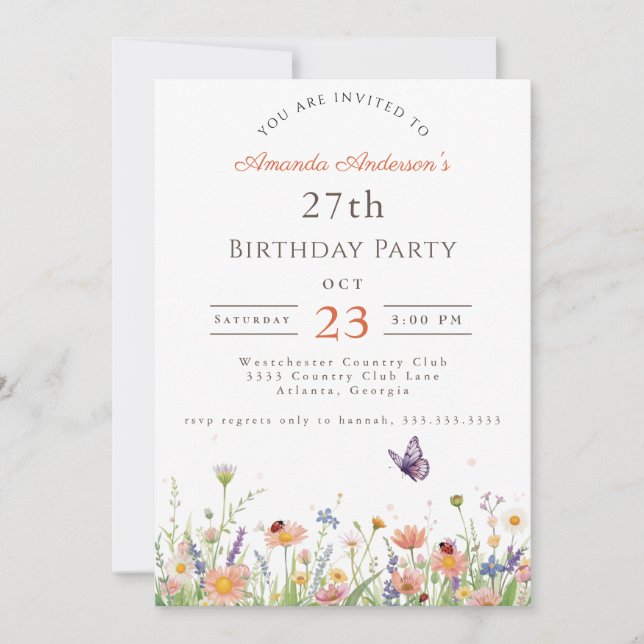 Invitación Wildflower Pink Purple Garden Fiesta 27 cumpleaños (Anverso)