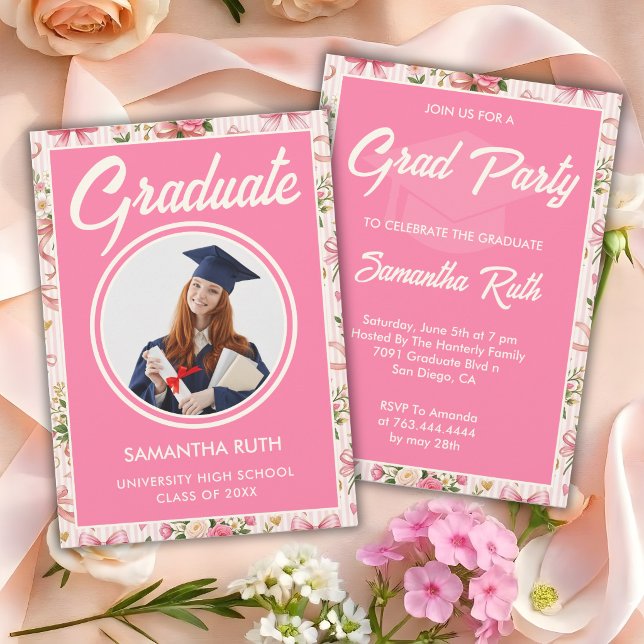 Invitación Wildflower Pink Striped Bows & Ribbons Graduation (Subido por el creador)