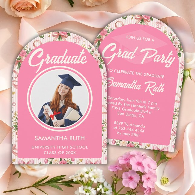 Invitación Wildflower Pink Striped Bows & Ribbons Graduation (Subido por el creador)
