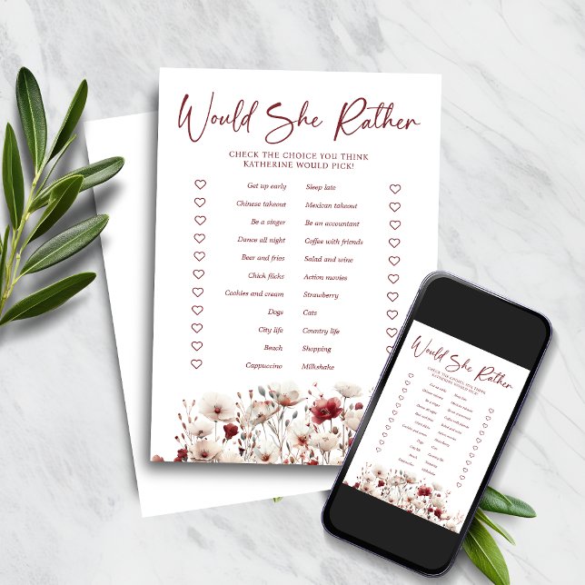 Invitación Wildflower Preferiría Un Juego De Ducha De Novias (Wildflower Would She Rather Bridal Shower Game with Instant Download)