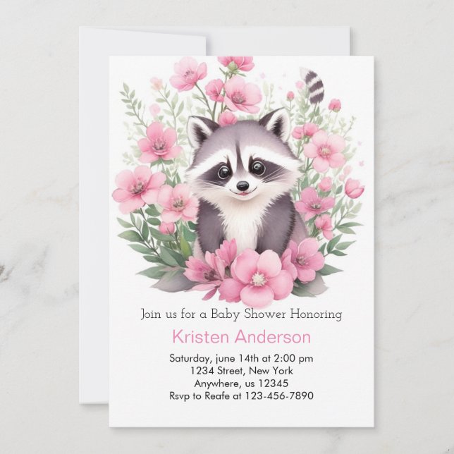Invitación Wildflower Raccoon Chica de aventuras rosas Baby S (Anverso)