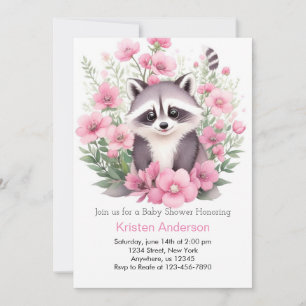 Invitación Wildflower Raccoon Chica de aventuras rosas Baby S