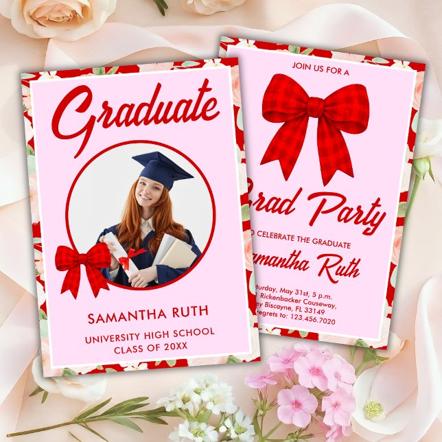 Invitación Wildflower Red Gingham Bow Photo Graduation (Subido por el creador)