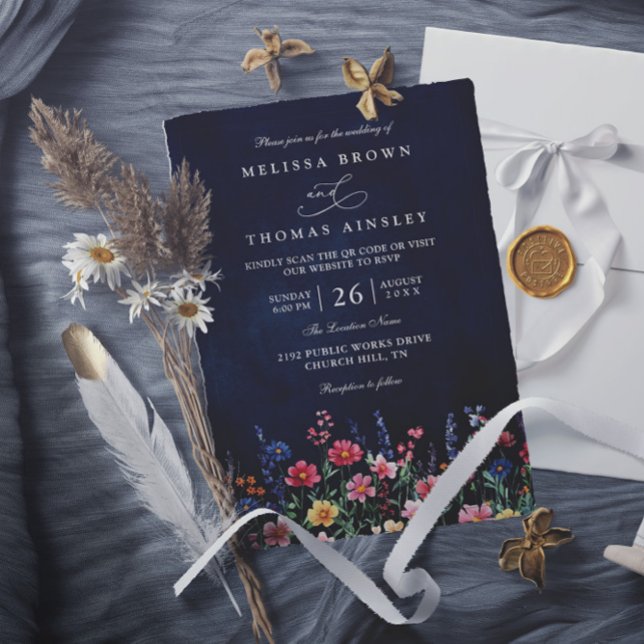 Invitación Wildflower Rustic Boho Navy Chic QR Code Wedding (Subido por el creador)