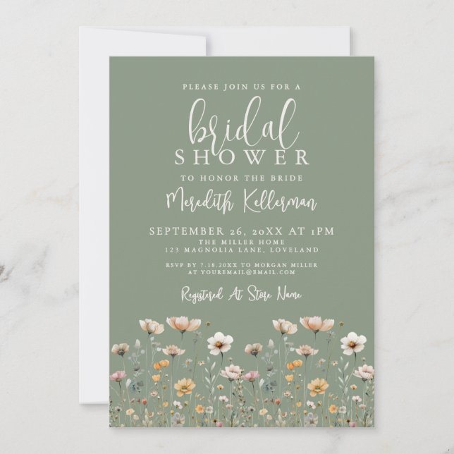 Invitación Wildflower Sage Green Bridal Shower (Anverso)