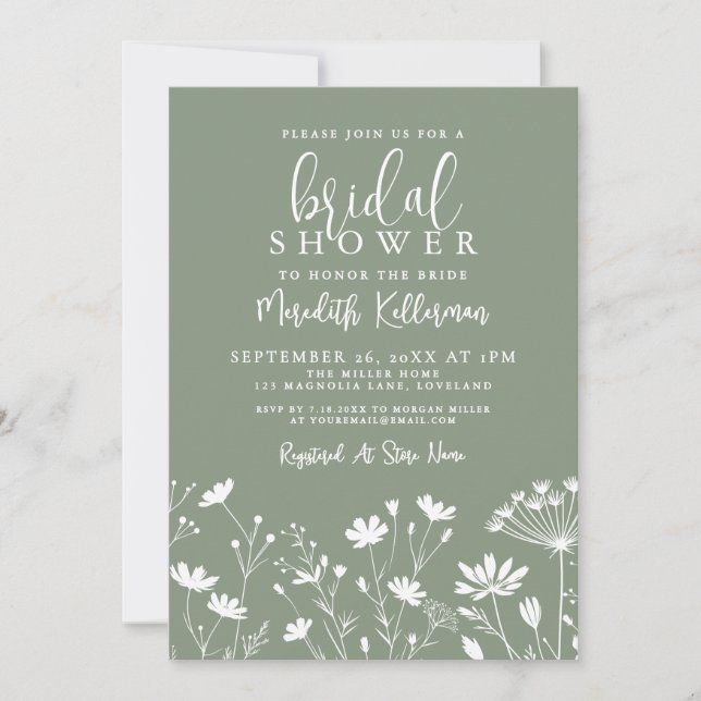 Invitación Wildflower Sage Green Bridal Shower (Anverso)