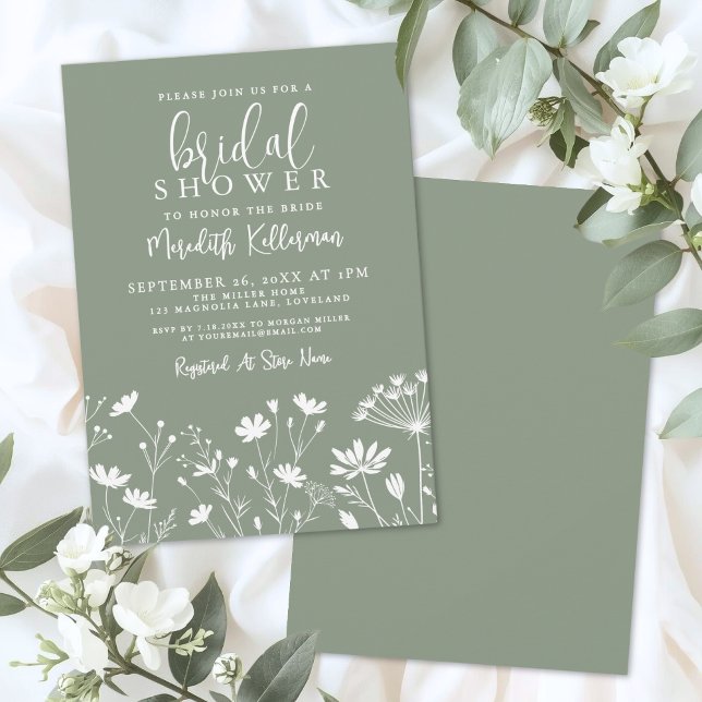Invitación Wildflower Sage Green Bridal Shower (Wildflower Sage Green Bridal Shower Invitation)