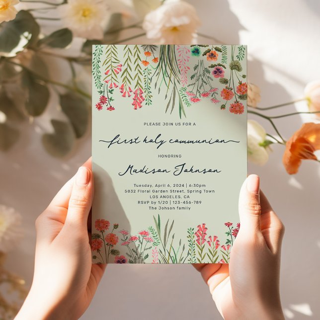 Invitación Wildflower Sage Green Primera Santa Comunión (Wildflower Sage Green First Holy Communion Invitation)