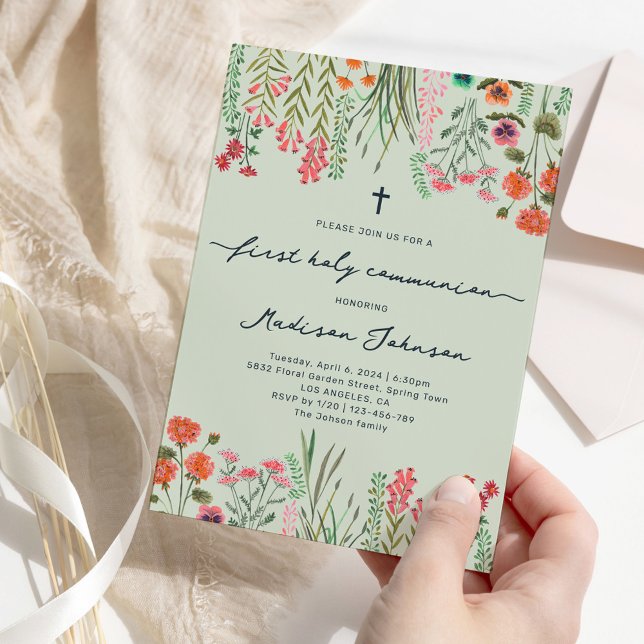 Invitación Wildflower Sage Green Primera Santa Comunión (Wildflower Sage Green First Holy Communion Invitation)