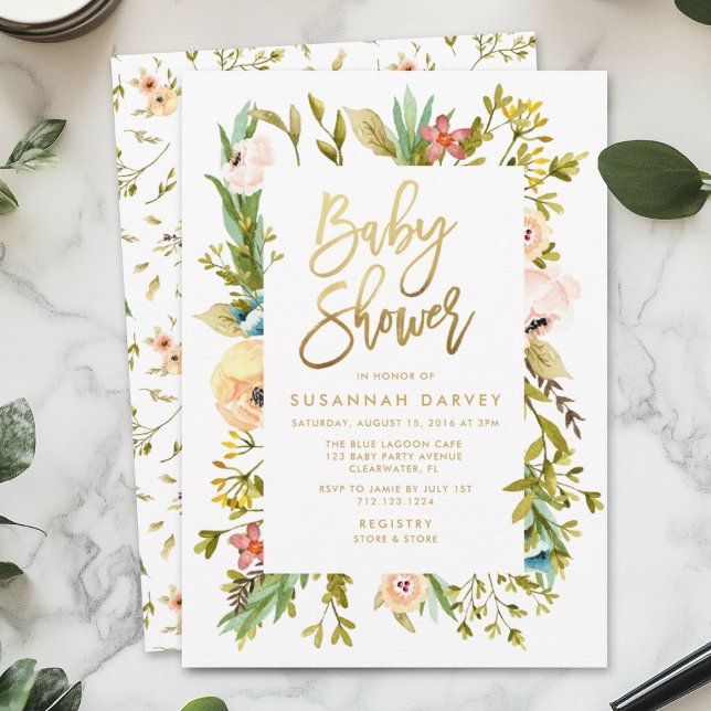 Invitación Wildflower Watercolor GOLD Calligraphy Baby Shower (Subido por el creador)