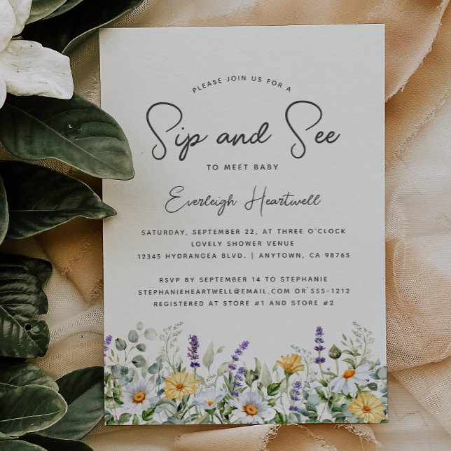 Invitación Wildflower Watercolor Sip y See Baby Shower (Subido por el creador)