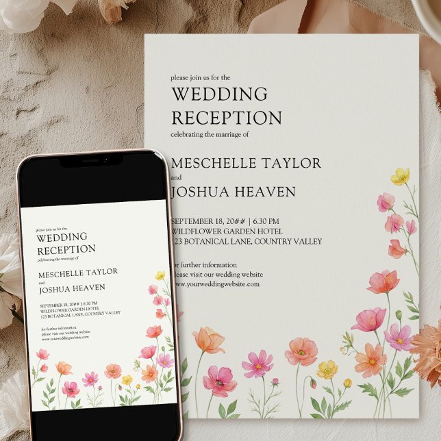Invitación Wildflower Wedding Reception Pink Orange Floral (Wedding Reception Invitation available professionally printed or as a printable digital download)