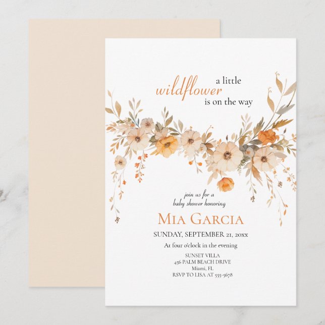 Invitación Wildflower Whimsica Beige Earthy Chica Baby Shower (Anverso / Reverso)