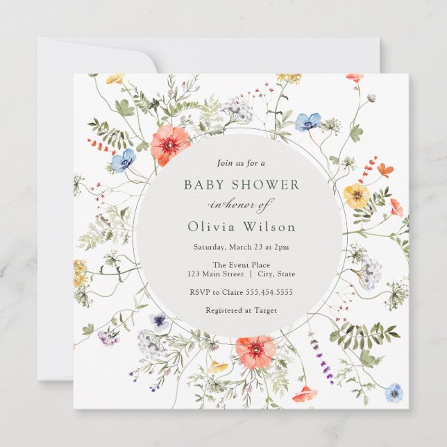 Invitación Wildflower Wreath Baby Shower (Anverso)