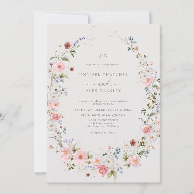 Invitación Wildflower Wreath | Boda Rsvp de código Qr (Anverso)